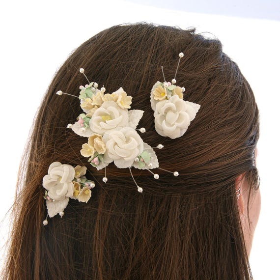 Vintage Flower Bobby Pin Set: Ivory & Yellow Wedding Hair  display picture 2