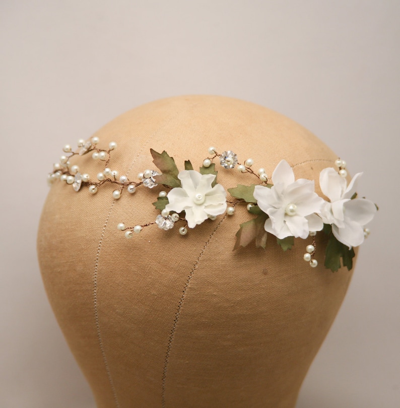 Wedding Hair Vine of Ivory Flowers Pearls and Rhinestones, Wedding Flower Crown Breial Headpiece Garden Wedding Headband Beaded Hair Vine image 3