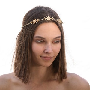 Gold Wedding Headpiece with Golden Stars and Rhinestones, Celestial Wedding Boho Wired Gold Tiara Hair Accessory 画像 7