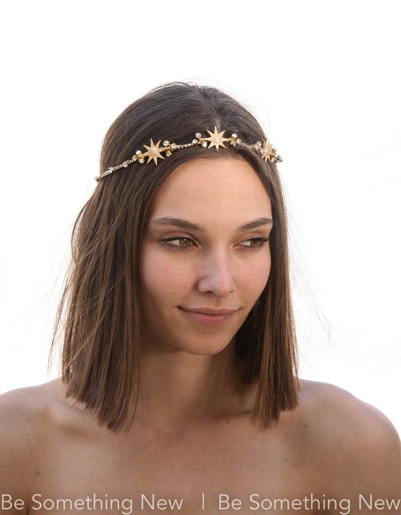 Gold Wedding Headpiece with Golden Stars and Rhinestones, Celestial Wedding Boho Wired Gold Tiara Hair Accessory 画像 7