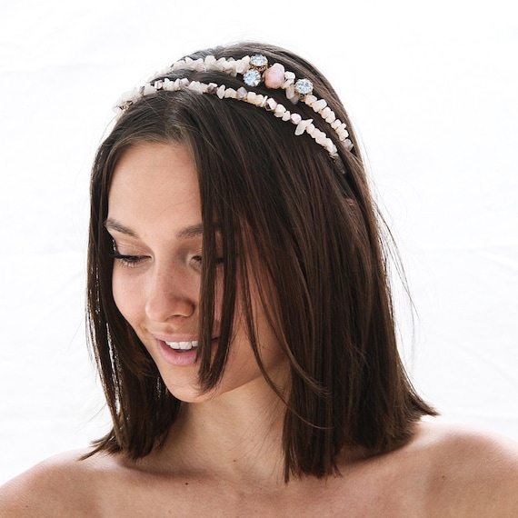 Blush beaded headband Blush Pink Stone Beaded Headband: Gold Rhinestone Fashion  main image 3