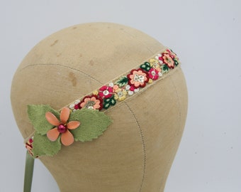 Hippie Bohemian Tie Headband of Embroidered lace in Bright Peach, Red and Greens , Music Festival Headband For Women and Teens,