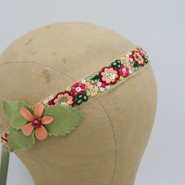 Hippie Bohemian Tie Headband of Embroidered lace in Bright Peach, Red and Greens , Music Festival Headband For Women and Teens,