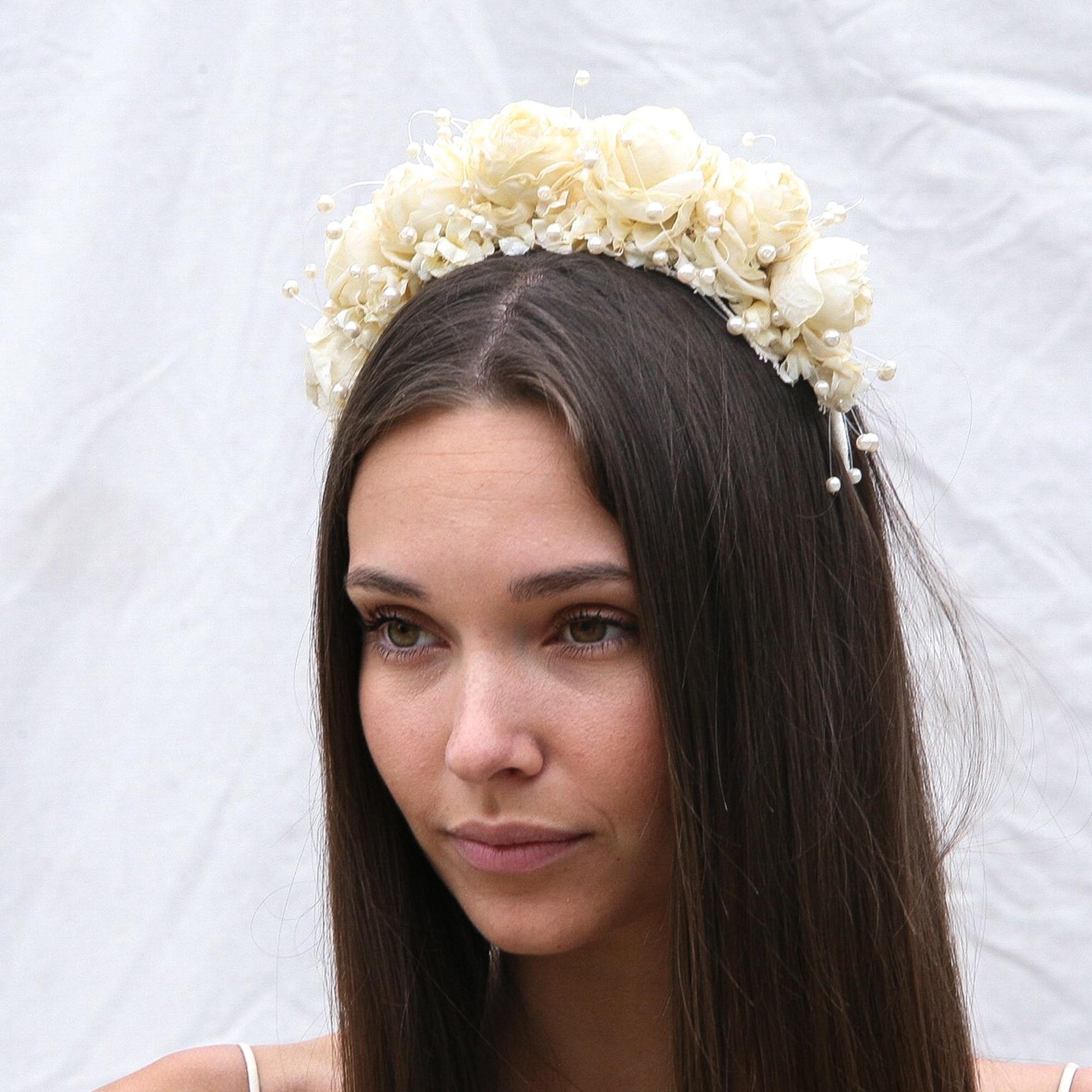 Ivory Flower Crown: Wedding Headpiece With Pearls & Vintage  display picture 1