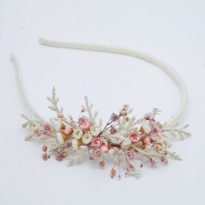 Dried Flower Headband in Pink and Ivory, with Babies Breath, Flower Girl Wedding Headpiece image 9