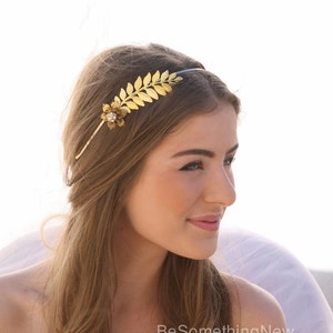 Grecian Gold Metal Leaf and Flower Headband with Rhinestones Gold Wedding Headpiece, Metal Headband for Adults, Leaf Hair Accessory image 2