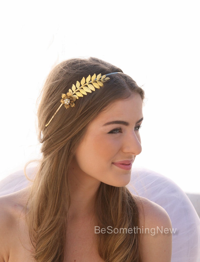 Grecian Gold Metal Leaf and Flower Headband with Rhinestones Gold Wedding Headpiece, Metal Headband for Adults, Leaf Hair Accessory image 2