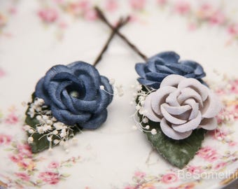 Juego de horquillas vintage con flores azules y grises: accesorio para el cabello de boda