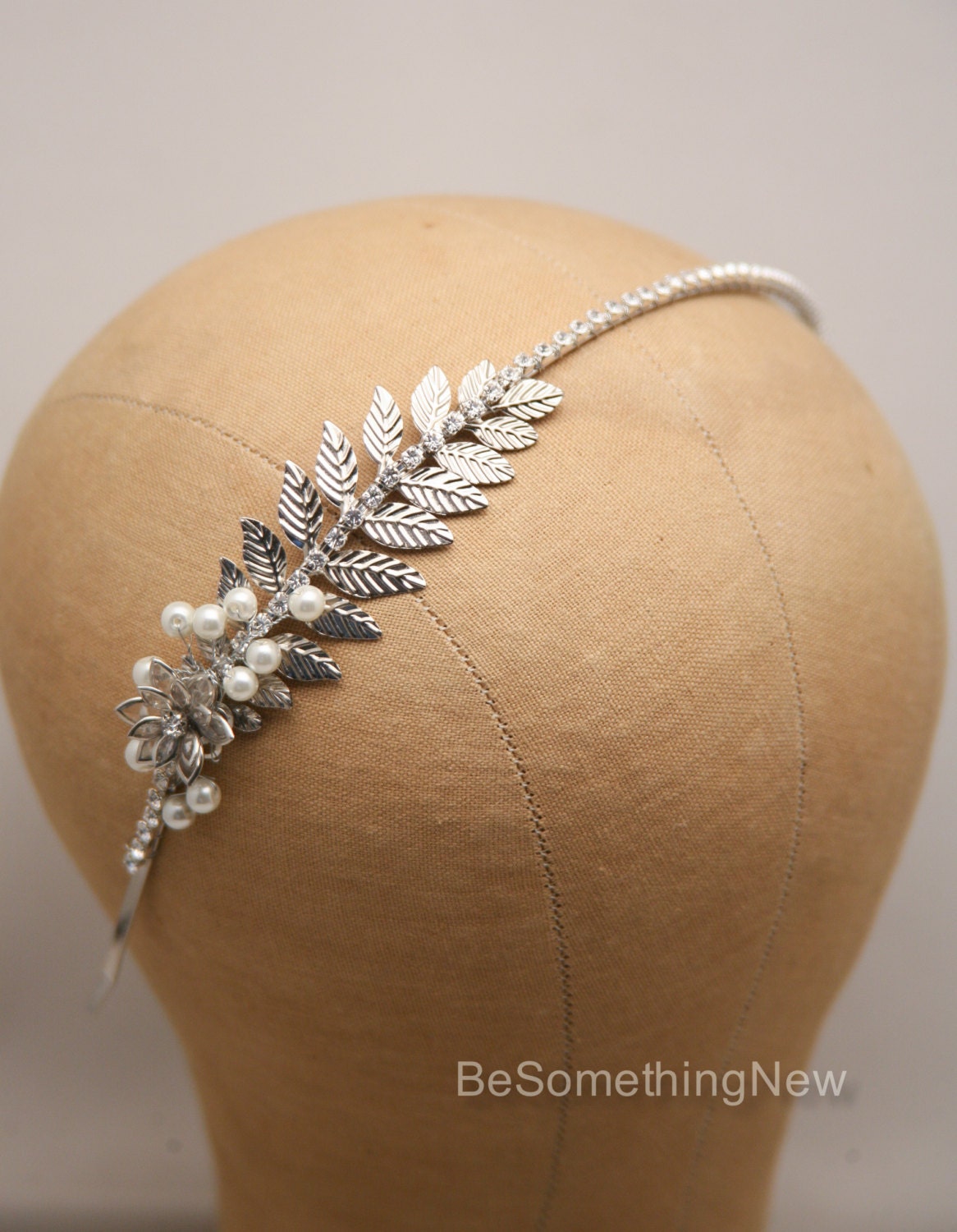 Grecian Silver Tone Metal Leaf Headband With Rhinestones and Etsy
