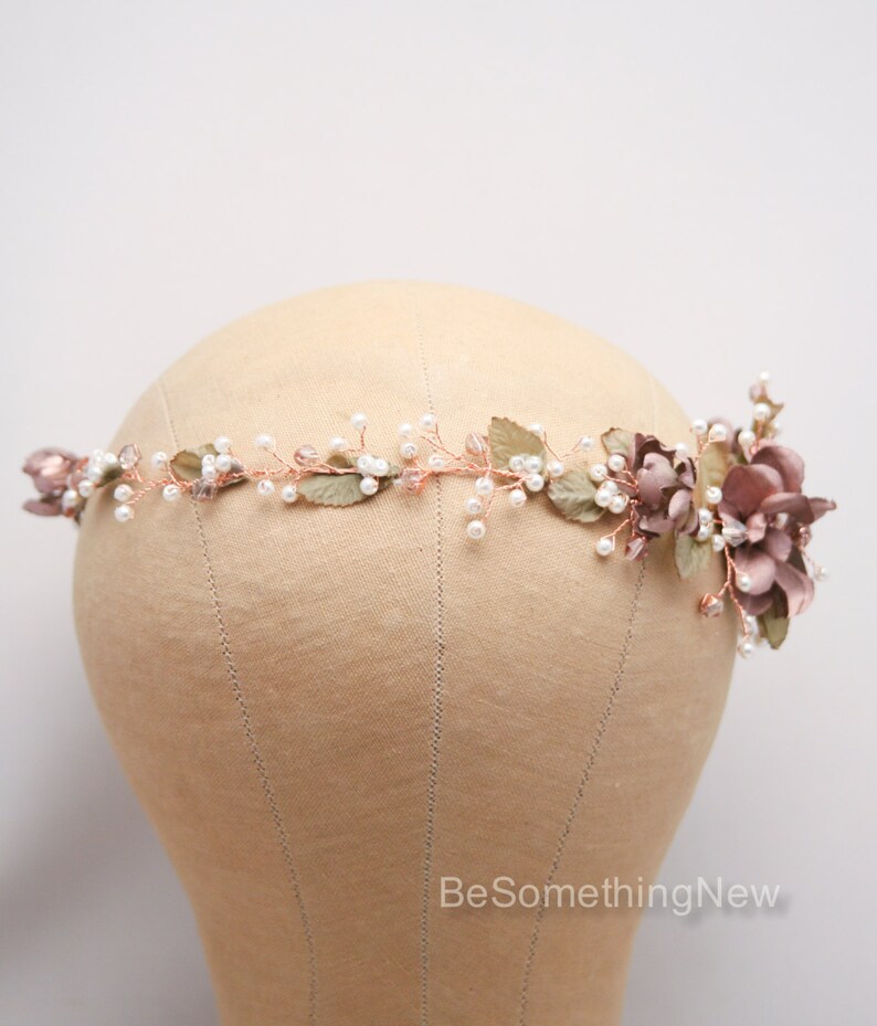 Rose Gold Floral Hair Vine of Wired Flowers and pearls Beaded Wedding Headpiece Woodland Wedding Hair Halo Flower Crown Boho Bridal Wreath image 10
