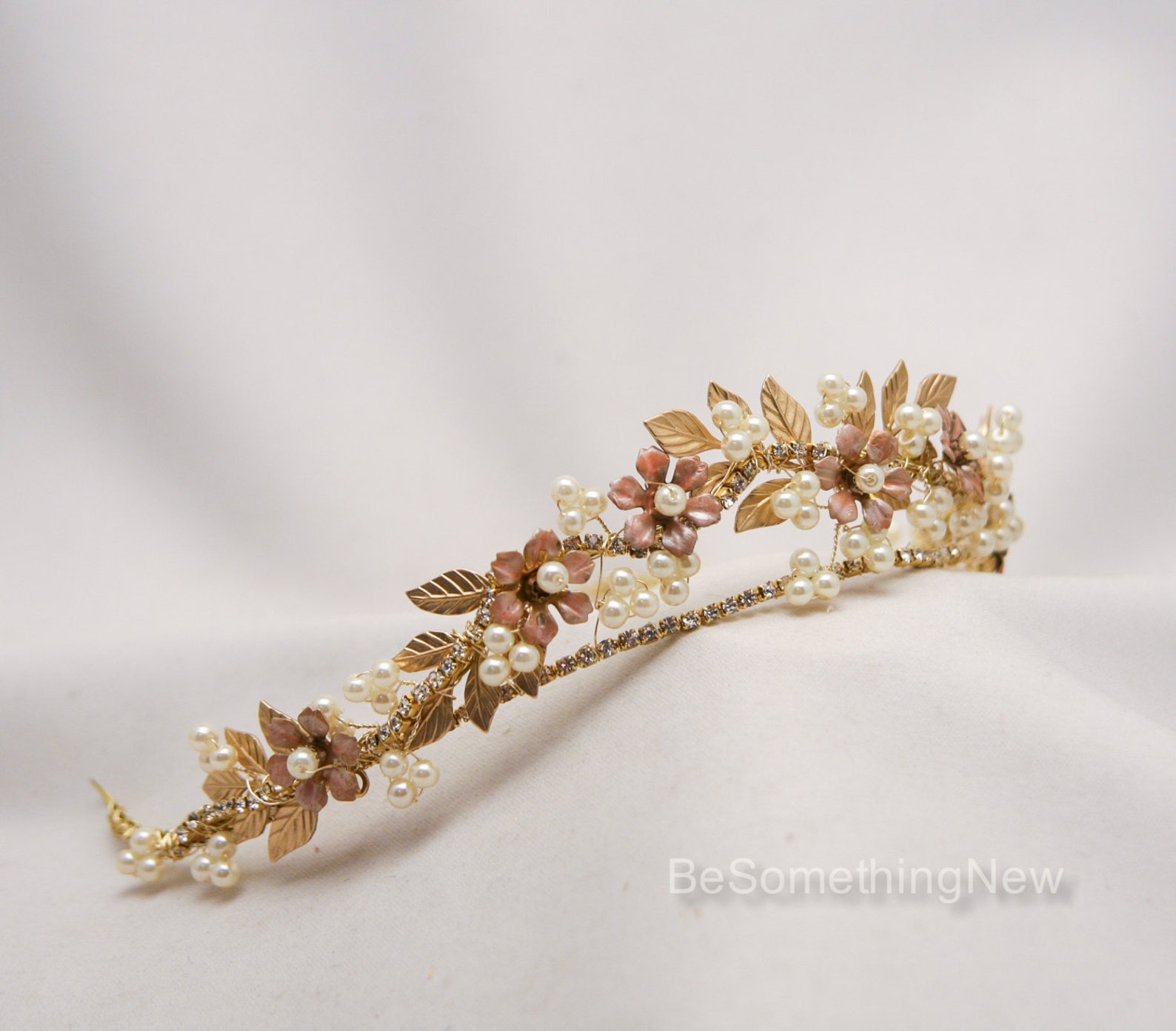 Gold Wedding Crown Floral Wedding Headpiece Leaves Flowers and Etsy