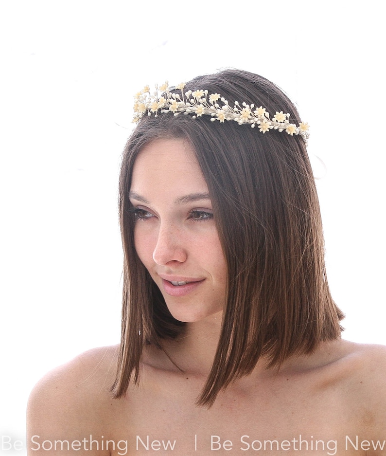 Vintage Wax Flower Crown Small Antique Wax Flower Daisy and Pearl Pip Halo Wreath Ivory Wedding Headpiece