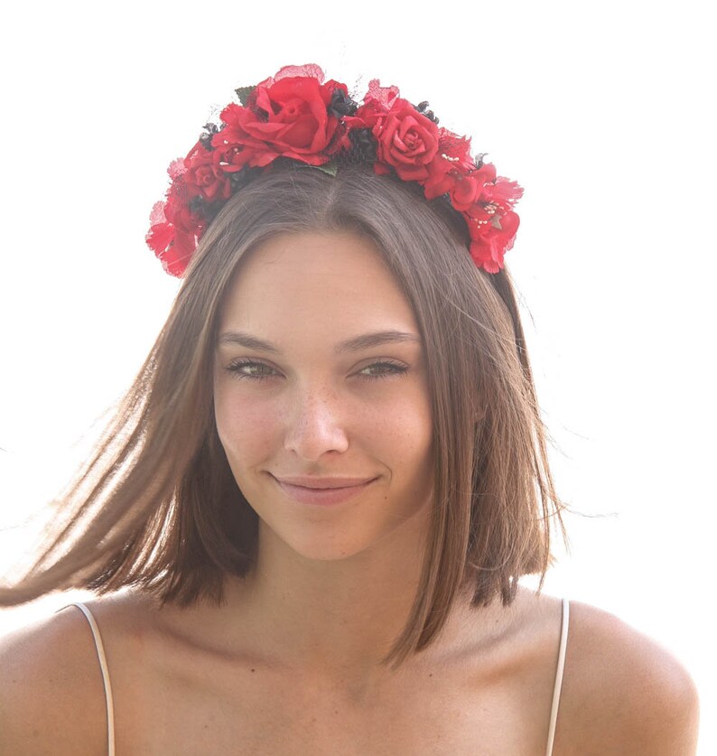 Day Of the Dead Headband Red Roses and Black netting Halloween Hair Accessory Corona de Flores Costume Mexico Mexican Flower Crown