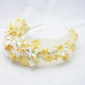 Mustard Yellow and Ivory Flower Crown with Vintage Flowers and Netting Wedding Bridal Headband Spring boho Wedding image 7