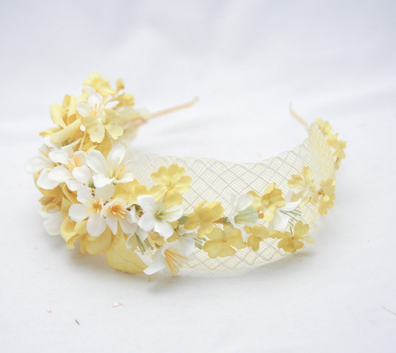 Mustard Yellow and Ivory Flower Crown with Vintage Flowers and Netting Wedding Bridal Headband Spring boho Wedding image 7