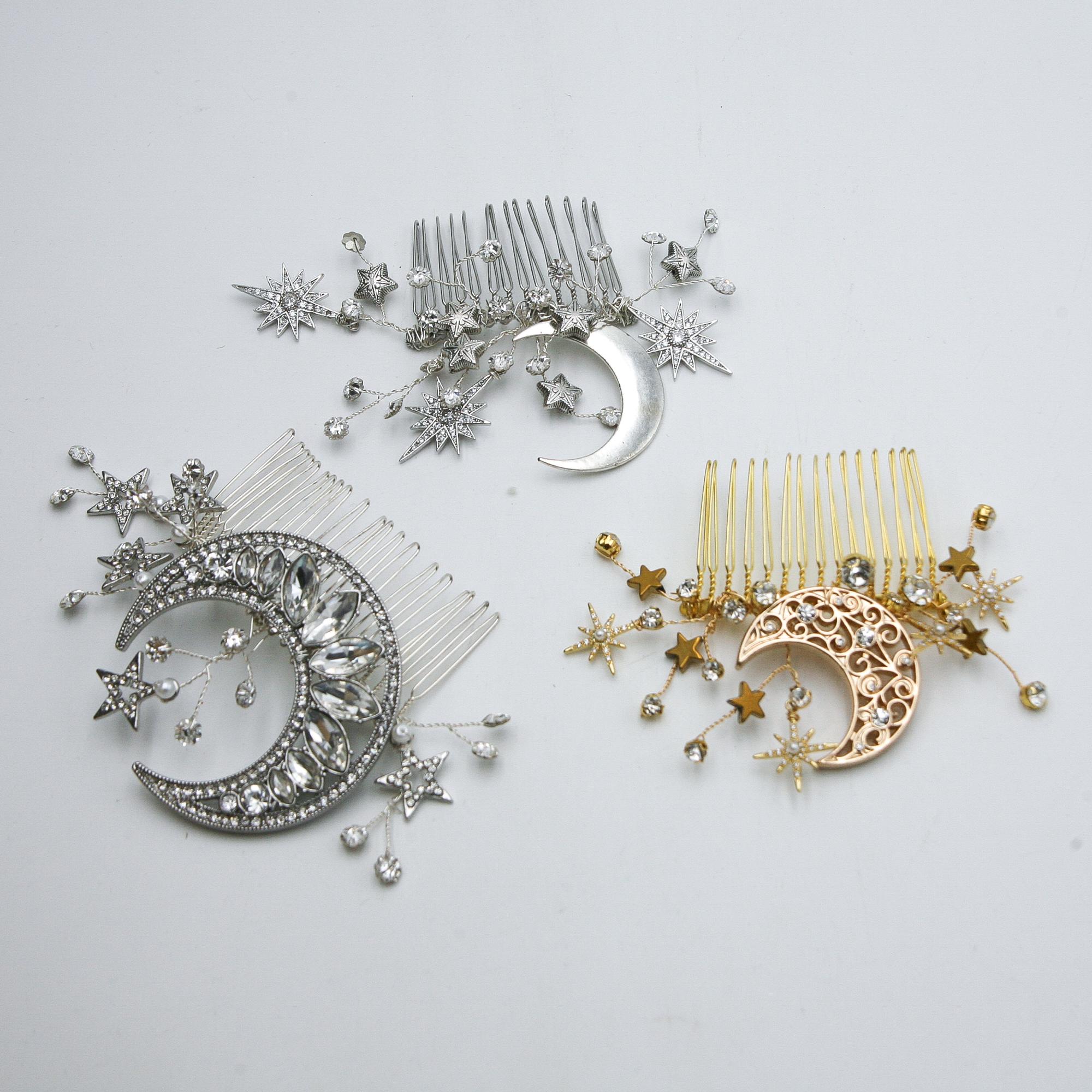 Vintage Rhinestone Moon Wedding Hair Comb: Celestial Star Bridal