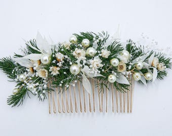 Greenery Wedding Hair Comb: Preserved Flowers, Wired Pearls