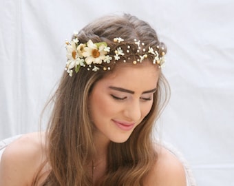 Rustic Floral Hair Vine of Ivory Daisies and Pearls, boho Daisy Flower Crown Wedding Headpeice