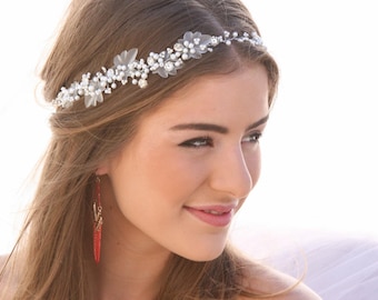 Pearl and Rhinestone Wedding Hair Vine with Leaves: Beaded Boho Bridal Headpiece