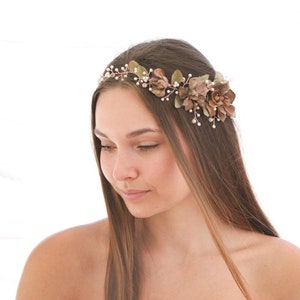Rose Gold Floral Hair Vine of Wired Flowers and pearls Beaded Wedding Headpiece Woodland Wedding Hair Halo Flower Crown Boho Bridal Wreath image 6