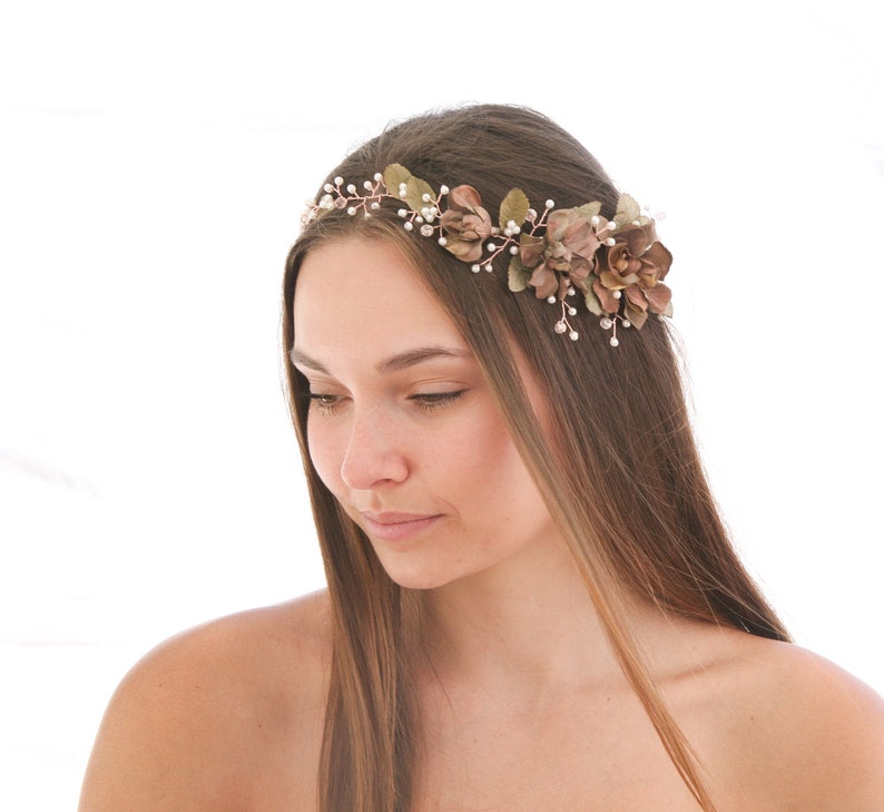 Rose Gold Floral Hair Vine of Wired Flowers and pearls Beaded Wedding Headpiece Woodland Wedding Hair Halo Flower Crown Boho Bridal Wreath image 6