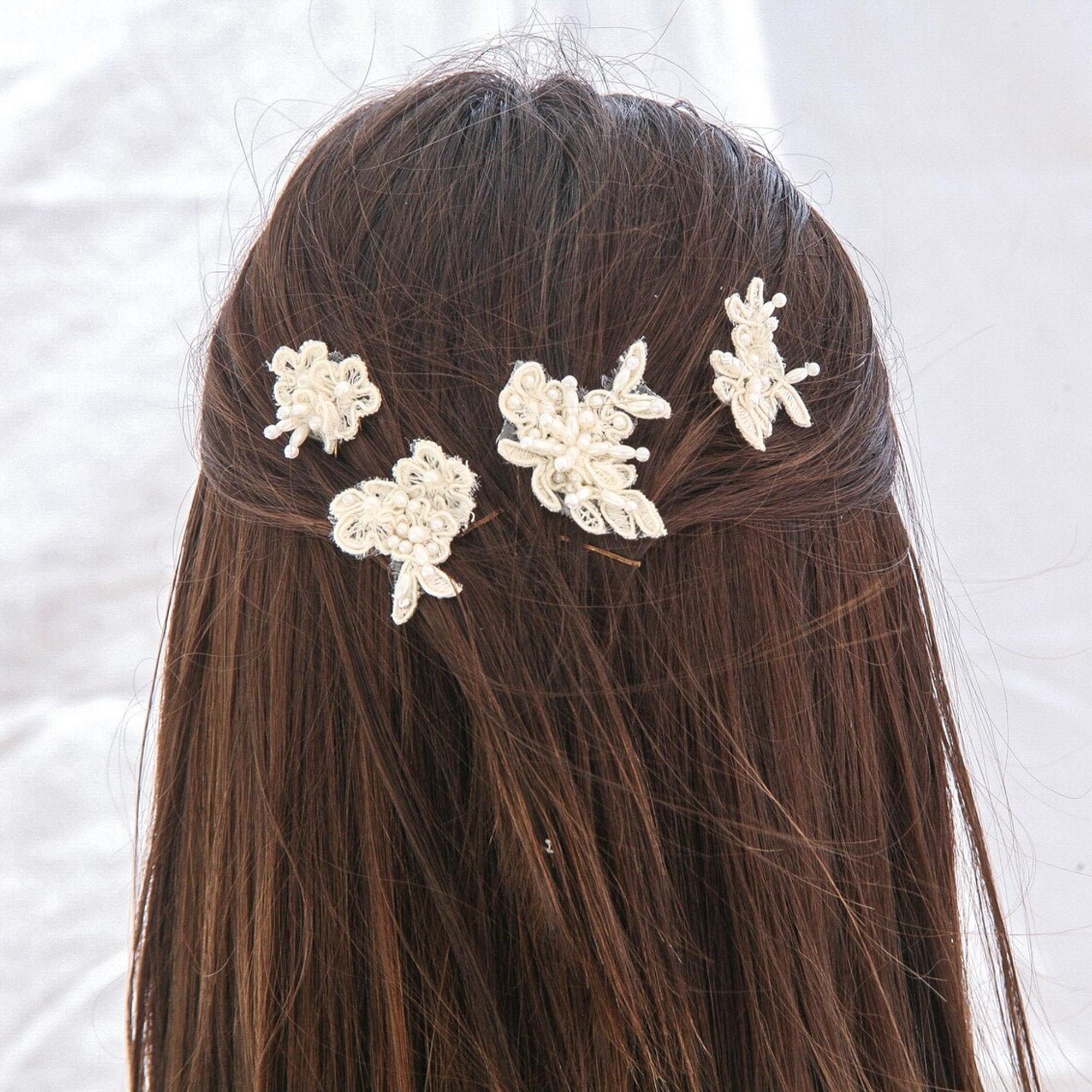 Hair pins with beautiful handmade flowers and beads. 
✨ Package: Pack of 4 pin. Bridal clay flower hairpin set - Floral bud bridal hair pin  main image 3