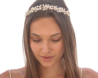 Freshwater Pearl and Flower wedding Headband, Boho bridal Headpiece