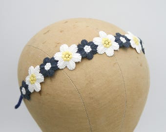 Navy Blue and White Daisy Headband with Yellow, Hairband, Gifts for Her