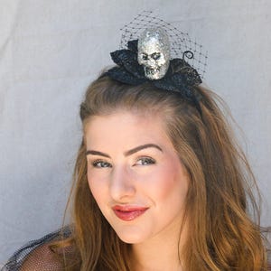 Glitter skull and Black Net Halloween costume, accessory hair, Adult Headband