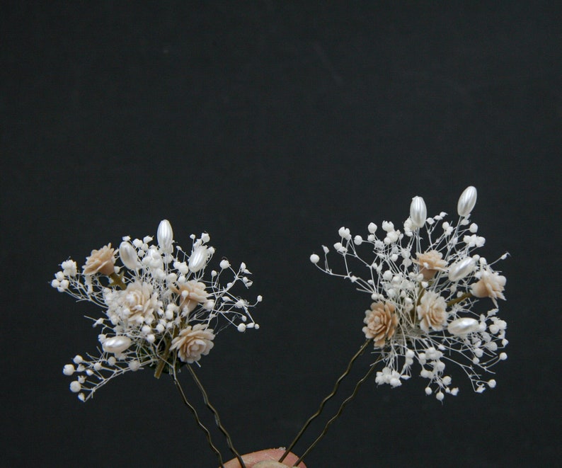 Dried Babies Breath and Champagne Flower Wedding Hair Pins Set with Pearls image 4