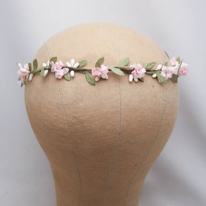 Flower Crown Pink and Green, Wedding Halo, Small Floral Headbands, Bridesmaids Hair Accessory, Flower Girl Headpiece, a small halo of green leaves small pink flowers on a bendable pip berry vine with ribbon ties