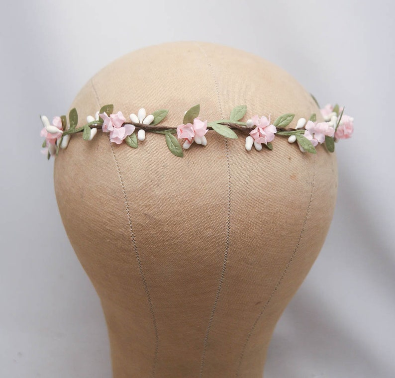 Flower Crown Pink and Green, Wedding Halo, Small Floral Headbands, Bridesmaids Hair Accessory, Flower Girl Headpiece, a small halo of green leaves small pink flowers on a bendable pip berry vine with ribbon ties