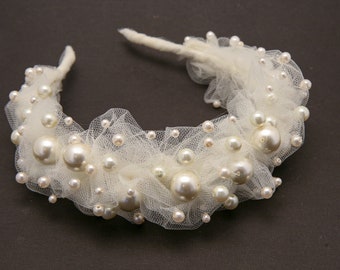 Wide Wedding Headband of Netting and Pearls, Modern Wedding Headpeice