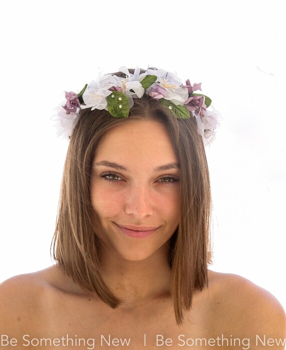 Vintage Flower Crown In Lavender and White with G… - image 6