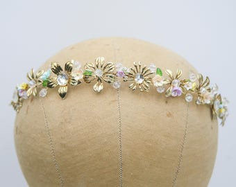 Gold Metal Flower Crown Headband with Pastel Flowers and Crystals,  Boho Wedding Hair Accessory