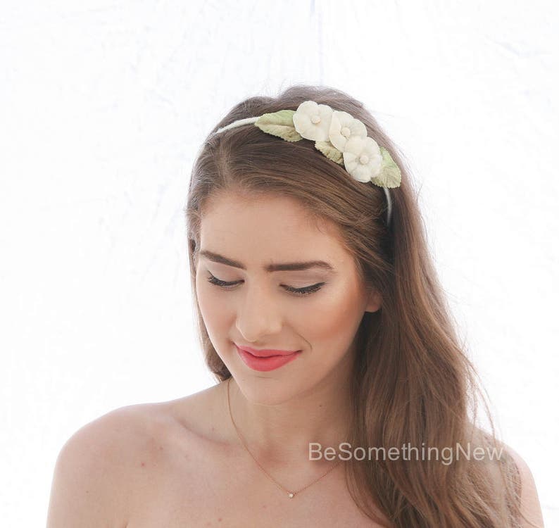 Vintage Flower Headband Ivory Flower Wedding Headband with Green Leaves Bridesmaids Floral Headband Ivory Hair Accessory