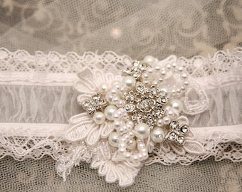 Conjunto de ligas de encaje y perlas para novias: ligas de novia con pedrería