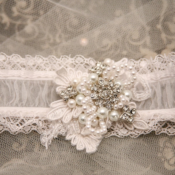 Conjunto de ligas de encaje y perlas para novias: ligas de novia con pedrería