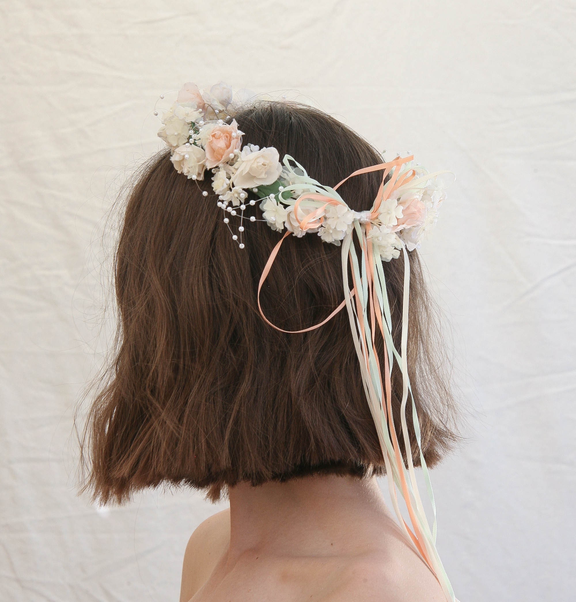 Vintage floral flower or feather headpiece halo piece Vintage Flower Crown Flower Girl Halo in Peach and Ivory  main image 4