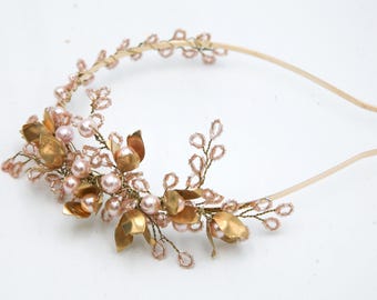 Wedding Headband with Pink Beads and Gold metal Flowers, Beaded Headpiece