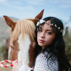 Woodland Wedding Bohemian Hair Wreath with Ribbon Ties, Wedding Hair Accessory, Flower Crown