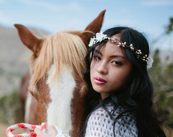 Woodland Wedding Bohemian Hair Wreath with Ribbon Ties, Wedding Hair Accessory, Flower Crown