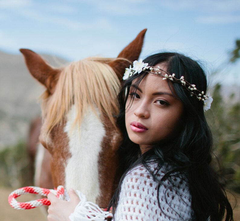 Woodland Wedding Bohemian Hair Wreath with Ribbon Ties, Wedding Hair Accessory, Flower Crown