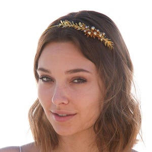 Gold Headband of Metal Leaves Gold Flowers and Champagne Pearls Wedding Hair Accessory Laurel Bridal Tiara