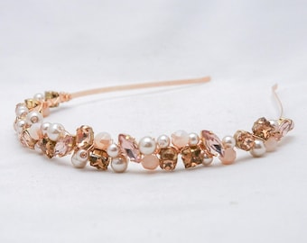 Diadema con cuentas de diamantes de imitación y perlas en dorado, rosa y champán, para madre de la novia