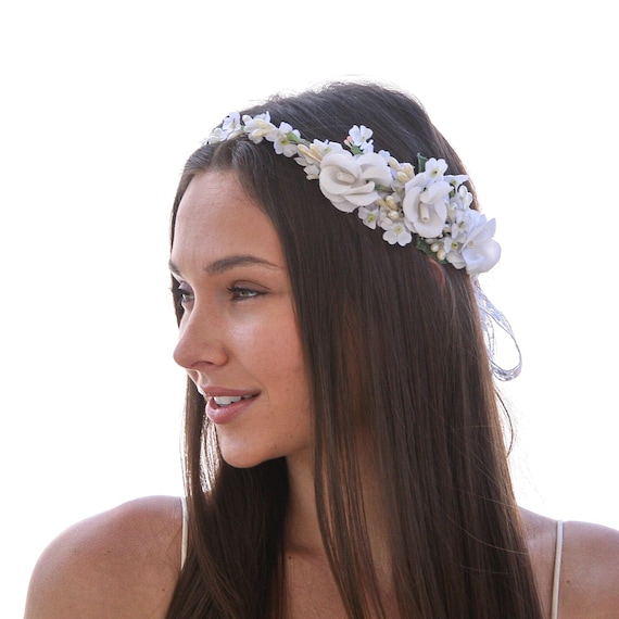 Vintage Flower Crown: Pearl Pips, Lace Tie, Boho Bridal Halo  display picture 2