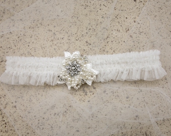Lace & Pearl Wedding Garter Set: Rhinestone Bridal Garters