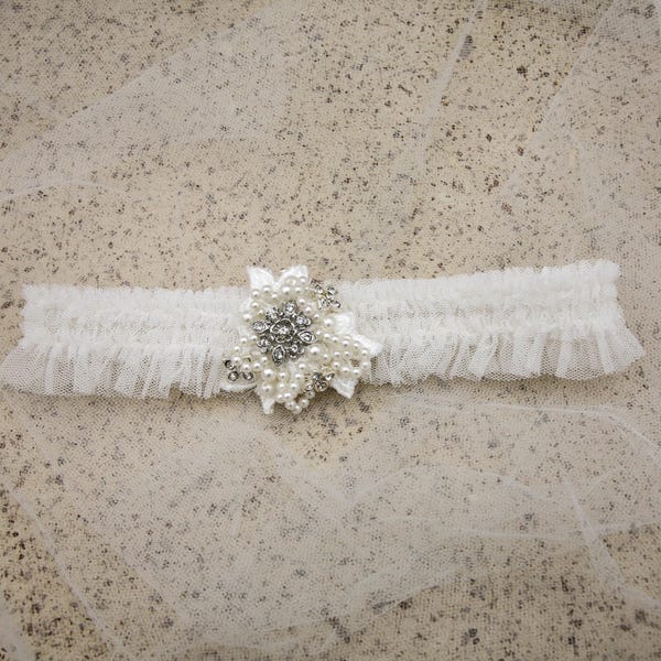 Lace & Pearl Wedding Garter Set: Rhinestone Bridal Garters