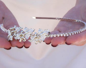 Silver Rhinestone Headband with Vintage Silver Leaves: Formal Hair Accessory