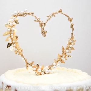 Gold Heart and Metal Leaf Wedding Cake Toper Twisted Berry golden Rustic Heart Wedding Decor Metal leaves image 4